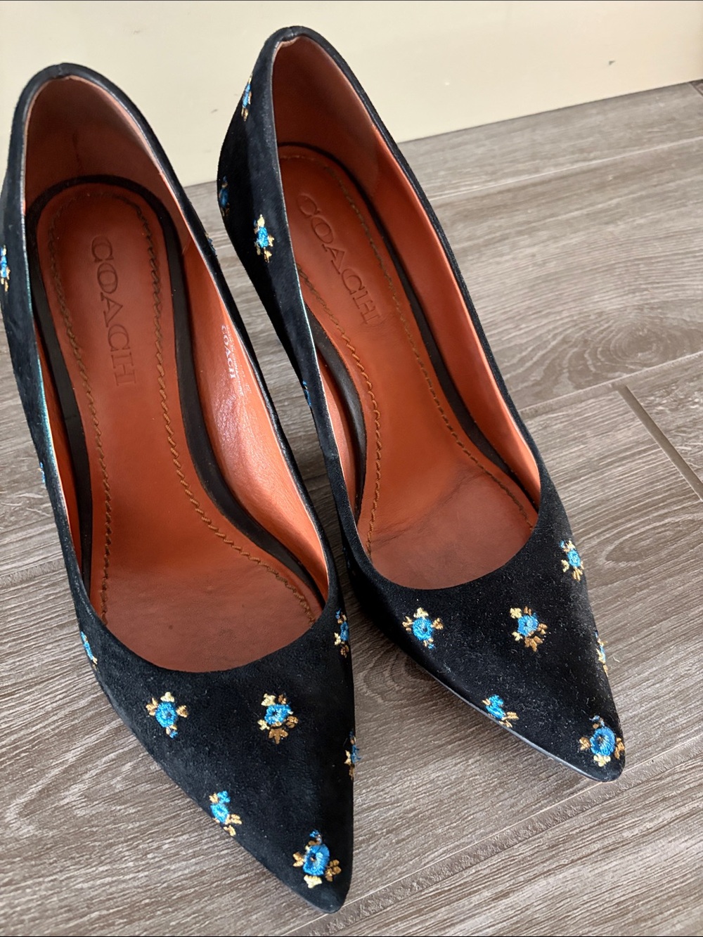 Coach Black Suede Pointed-Toe Pumps with Blue & Gold Floral Embroidery